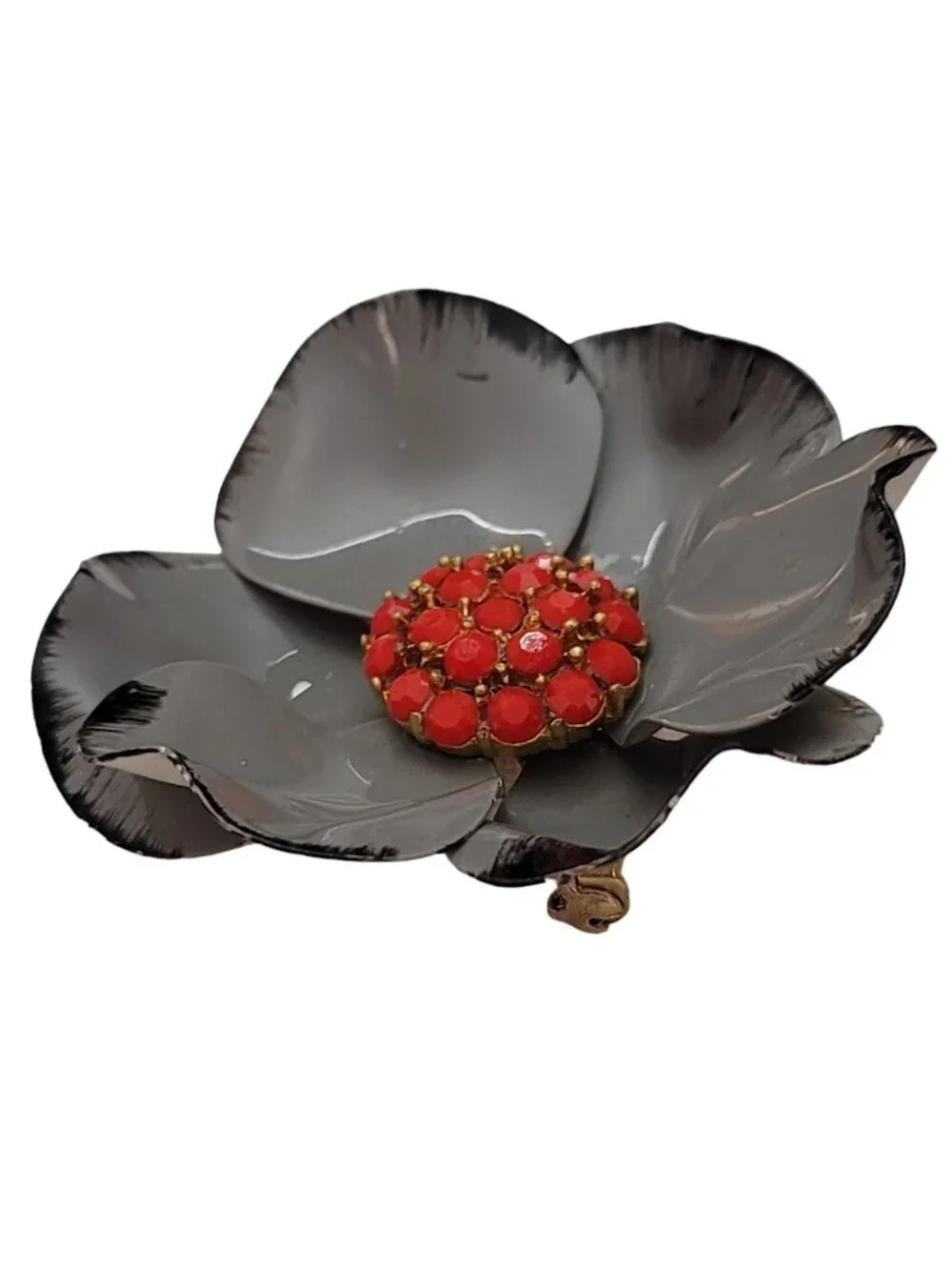 Vintage Scarlet Red Rhinestone And Gray Metal Flower Brooch Pin E650